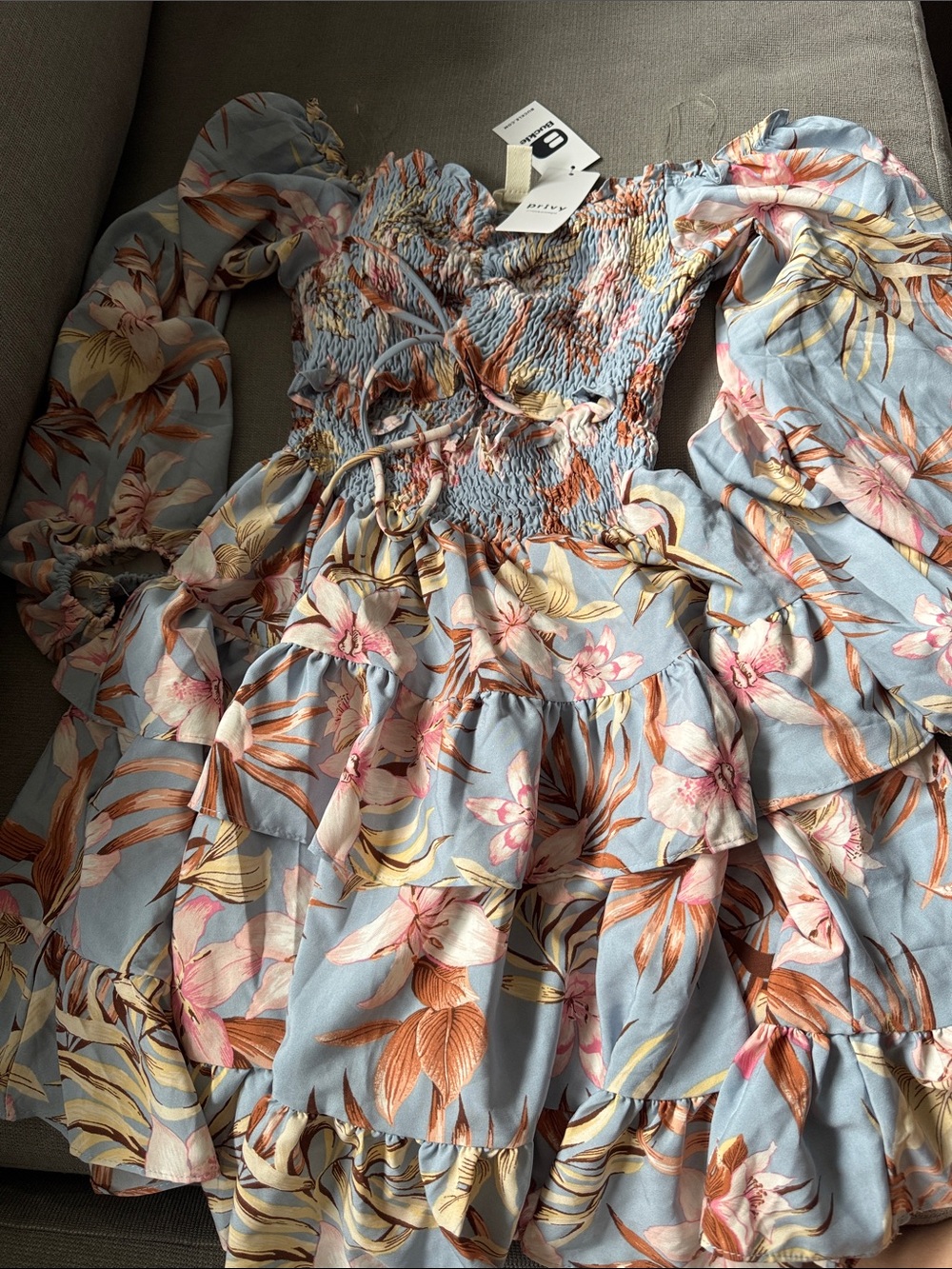 Girls Blue Floral Smocked Tiered Dress